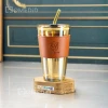 ماگ شیشه ای دور چرم سایز بزرگ - رنگ عسلی
