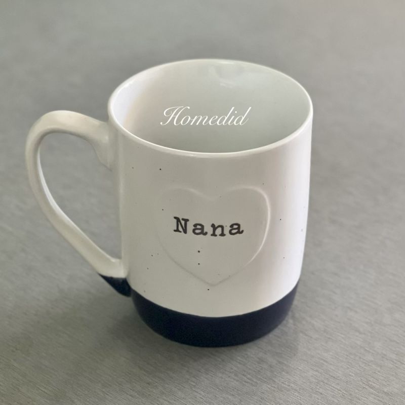 two-color ceramic mug with heart and nana text design