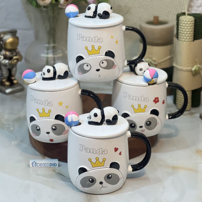 panda design ceramic mug with panda ceramic lid and spoon